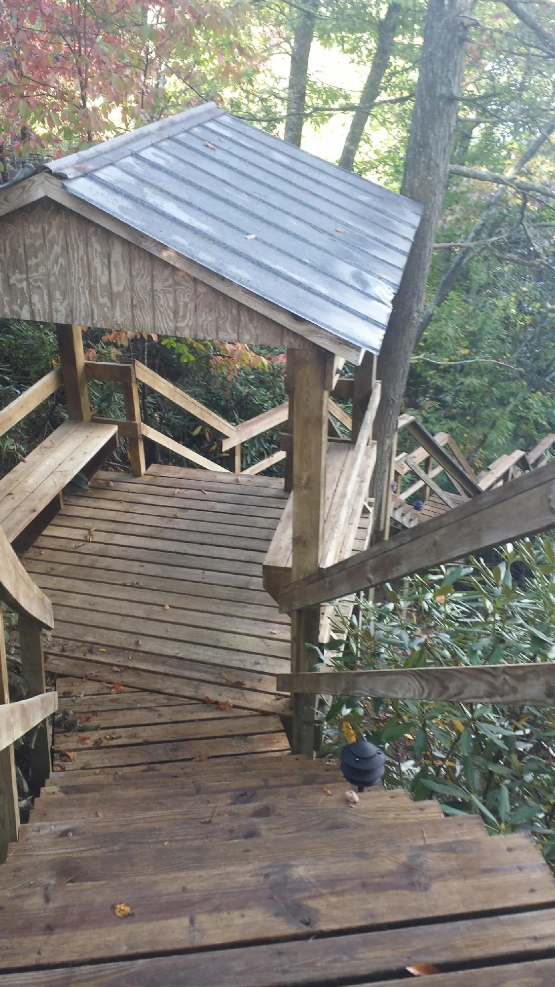 Metal roofed shelter over wooden steps on a wooded walkway — Skylight Repair & Installation work by our crew in Mentone